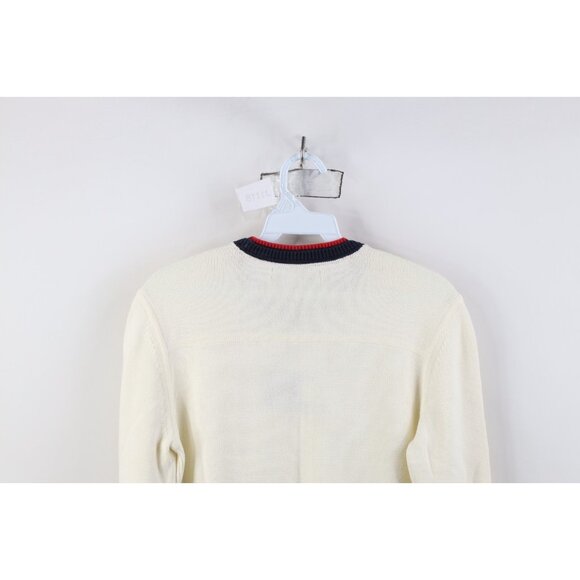Vintage 90s Y2K Tommy Hilfiger Womens M Babydoll Center Logo Knit Sweater Cream - Picture 12 of 13